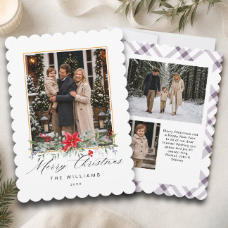 Cartes Pour Fêtes Annuelles Gingham blanc violet personnalisé 3 photos