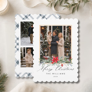 Cartes Pour Fêtes Annuelles Gingham gris bleu personnalisé avec 3 photos