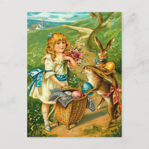Cartes Pour Fêtes Annuelles Girl & Bunnies Floral Vintage Easter Landscape
