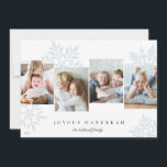 Cartes Pour Fêtes Annuelles Glace | Snowdrop 4 Photo Collage Hanoukka<br><div class="desc">Unique design de carte Hanoukka moderne dispose de quatre photos préférées disposées côte à côte avec des silhouettes de flocons bleu pâle surdimensionnées dans l'arrière - plan. Personnalisez avec votre salutation de vacances personnalisée et le ou les nom(s) de famille sous en lettres classiques ; avec "Joyous Hanoukka".</div>