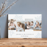 Cartes Pour Fêtes Annuelles Glace | Snowdrop 4 Photo Collage Hanoukka<br><div class="desc">Unique design de carte Hanoukka moderne dispose de quatre photos préférées disposées côte à côte avec des silhouettes de flocons bleu pâle surdimensionnées dans l'arrière - plan. Personnalisez avec votre salutation de vacances personnalisée et le ou les nom(s) de famille sous en lettres classiques ; avec "Joyous Hanoukka".</div>