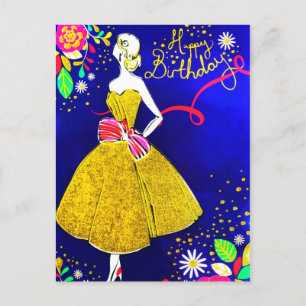 Cartes Pour Fêtes Annuelles Glamor Girl Floral or fête d'anniversaire Parties 