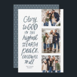 Cartes Pour Fêtes Annuelles Gloire à Dieu bleu trois photo Noël religieux<br><div class="desc">Gloire à Dieu au plus haut ! Cette carte religieuse de Noël comporte trois photos avec le verset de la Bible de Luc 2:14 dans un style manuscrit. Cette carte de Noël chrétienne de trois photos est parfaite pour envoyer des voeux de vacances significatives. Le type à l'avant est bleu...</div>