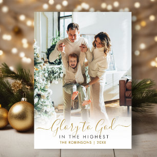Cartes Pour Fêtes Annuelles Gloire à Dieu Écriture Dorée Élégante 2 Photo Noël