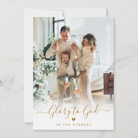 Cartes Pour Fêtes Annuelles Gloire à Dieu Écriture Dorée Élégante 2 Photo Noël (Devant)