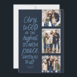 Cartes Pour Fêtes Annuelles Gloire à Dieu marine trois photo Noël religieux<br><div class="desc">Gloire à Dieu au plus haut ! Cette carte religieuse de Noël comporte trois photos avec le verset de la Bible de Luc 2:14 dans un style manuscrit. Cette carte de Noël chrétienne de trois photos est parfaite pour envoyer des voeux de vacances significatives. Le type à l'avant est bleu...</div>