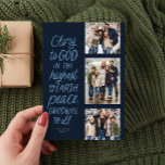 Cartes Pour Fêtes Annuelles Gloire à Dieu marine trois photo Noël religieux<br><div class="desc">Gloire à Dieu au plus haut ! Cette carte religieuse de Noël comporte trois photos avec le verset de la Bible de Luc 2:14 dans un style manuscrit. Cette carte de Noël chrétienne de trois photos est parfaite pour envoyer des voeux de vacances significatives. Le type à l'avant est bleu...</div>