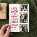 Cartes Pour Fêtes Annuelles Gloire à Dieu rouge trois photo religieuse Noël<br><div class="desc">Gloire à Dieu au plus haut ! Cette carte religieuse de Noël comporte trois photos avec le verset de la Bible de Luc 2:14 dans un style manuscrit. Cette carte de Noël chrétienne de trois photos est parfaite pour envoyer des voeux de vacances significatives. Le type sur le devant est...</div>