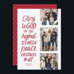 Cartes Pour Fêtes Annuelles Gloire à Dieu rouge trois photo religieuse Noël<br><div class="desc">Gloire à Dieu au plus haut ! Cette carte religieuse de Noël comporte trois photos avec le verset de la Bible de Luc 2:14 dans un style manuscrit. Cette carte de Noël chrétienne de trois photos est parfaite pour envoyer des voeux de vacances significatives. Le type sur le devant est...</div>