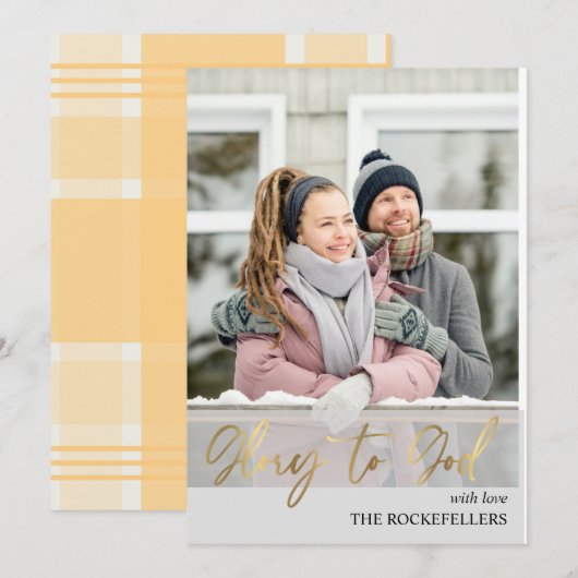 Cartes Pour Fêtes Annuelles Gloire à Dieu Script Christmas Mustard Plaid Photo (Devant / Derrière)