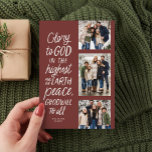 Cartes Pour Fêtes Annuelles Gloire à Dieu trois photo Noël religieux<br><div class="desc">Gloire à Dieu au plus haut ! Cette carte religieuse de Noël comporte trois photos avec le verset de la Bible de Luc 2:14 dans un style manuscrit. Cette carte de Noël chrétienne de trois photos est parfaite pour envoyer des voeux de vacances significatives. Le type à l'avant est blanc...</div>