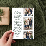 Cartes Pour Fêtes Annuelles Gloire à Dieu trois photo religieuse Noël vert<br><div class="desc">Gloire à Dieu au plus haut ! Cette carte religieuse de Noël comporte trois photos avec le verset de la Bible de Luc 2:14 dans un style manuscrit. Cette carte de Noël chrétienne de trois photos est parfaite pour envoyer des voeux de vacances significatives. Le type sur l'avant est vert...</div>