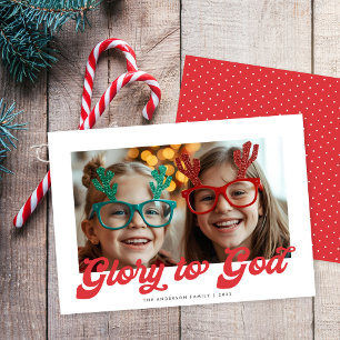 Cartes Pour Fêtes Annuelles Gloire à Dieu Une Photo Noël Script Rouge Rétro