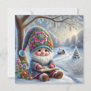 Cartes Pour Fêtes Annuelles Gnome adorable d'hiver dans un paysage hivernal co