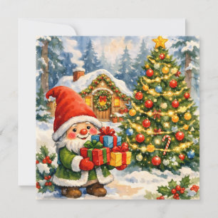 Cartes Pour Fêtes Annuelles Gnome aquarelle et sapin de Noël