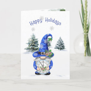 Cartes Pour Fêtes Annuelles Gnome d'hiver de Noël bleu avec horloge