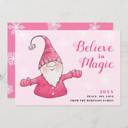Cartes Pour Fêtes Annuelles Gnome rose mignon croire en Noël magique (Devant / Derrière)