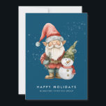 Cartes Pour Fêtes Annuelles Gnome Snowman Joyeuses Fêtes Entreprise Appartemen<br><div class="desc">Un gnome habillé de rouge se dresse à côté d'un bonhomme de neige dans un elfe vert, le casquette et le foulard rouge. Ils sont entourés d'une poussière de neige blanche qui s'opère sur l'arrière - plan bleu foncé. L'esthétique minimaliste est réalisée avec un simple Happy Holidays et le nom...</div>