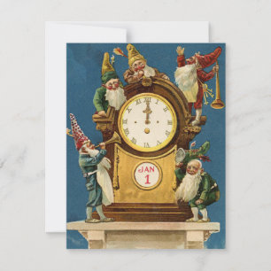 Cartes Pour Fêtes Annuelles Gnomes de Bonne Année Vintage sur Horloge