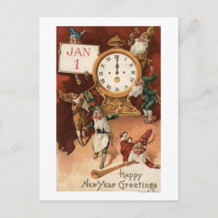 Cartes Pour Fêtes Annuelles Gnomes s'amarrant autour d'une horloge