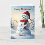 Cartes Pour Fêtes Annuelles Godson Christmas Snowman<br><div class="desc">Une scène d'hiver festive montrant un joyeux bonhomme de neige dans un casquette rouge et foulard. Souhaitez à votre filleul un joyeux Noël avec une belle carte de bonhomme de neige.</div>