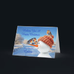 Cartes Pour Fêtes Annuelles Godson Robins et Snowman Christmas<br><div class="desc">Une belle carte de Noël pour un filon. Envoyez une joie saisonnière avec cette carte de Noël magnifiquement illustrée qui présente trois volants coquins en équilibre sur le nez de carotte d'un bonhomme de neige. Un design joyeux qui saisit la magie de l'hiver et l'esprit des vacances.</div>