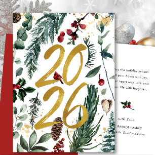 Cartes Pour Fêtes Annuelles Gold 2025 Pin de Noël Festive Bough Rouge Floral