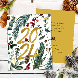 Cartes Pour Fêtes Annuelles Gold 2025 Pin de Noël Festive Bough Rouge Floral