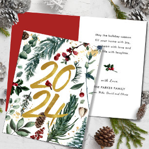Cartes Pour Fêtes Annuelles Gold 2025 Pin de Noël Festive Bough Rouge Floral