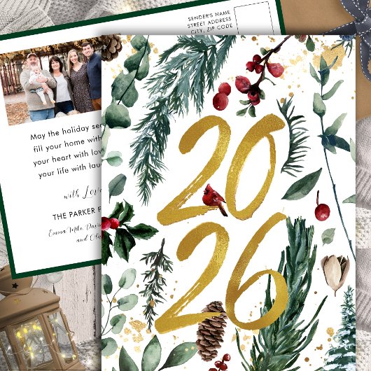 Cartes Pour Fêtes Annuelles Gold 2025 Pin de Noël Festive Pough Rouge photo