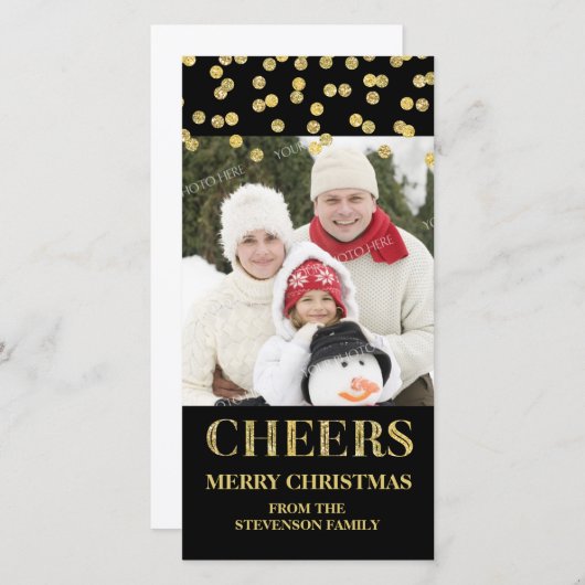 Cartes Pour Fêtes Annuelles Gold Black Cheers Joyeux Noël Confetti Photo (Devant / Derrière)