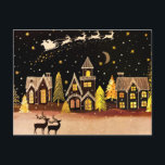 Cartes Pour Fêtes Annuelles Gold Christmas Village Deer Winter Night<br><div class="desc">La nuit de Noël parfaite avec des rennes,  prendre l'avion et tirer le long de Père Noël et son traîneau. Ci-dessous,  un village attend avec impatience l'arrivée de St. Nick.</div>