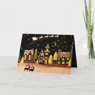 Cartes Pour Fêtes Annuelles Gold Christmas Village Deer Winter Night