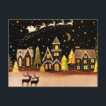 Cartes Pour Fêtes Annuelles Gold Christmas Village Deer Winter Night<br><div class="desc">La nuit de Noël parfaite avec des rennes,  prendre l'avion et tirer le long de Père Noël et son traîneau. Ci-dessous,  un village attend avec impatience l'arrivée de St. Nick.</div>