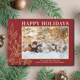 Cartes Pour Fêtes Annuelles Gold Foliage Burgundy Photo Happy Holiday Card