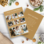 Cartes Pour Fêtes Annuelles Gold Photo Collage Modern Holiday Card<br><div class="desc">Gold Photo Collage Modern Holiday Card. Faites-vous plaisir avec notre carte de vacances photo personnalisée et chic "A Year To Remember". Ce gardien élégant, avec une police de machine à écrire vintage et un espace pour 8 photos de famille, est un parfait mélange de nostalgie et de style. Le texte...</div>