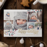 Cartes Pour Fêtes Annuelles Gold Red Berries 6 Photo Collage<br><div class="desc">Cette carte fantaisie et festive de 6 photos de vacances comprend un collage photo,  des fraises d'hiver et dit "happy holiday" en fausse feuille d'or imprimé plat.</div>