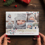 Cartes Pour Fêtes Annuelles Gold Red Berries 6 Photo Collage | Joyeux Noël<br><div class="desc">Cette carte fantaisie et festive de 6 photos de vacances comprend un collage photo,  des fraises d'hiver et dit Joyeux Noël et Bonne Année!</div>