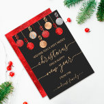 Cartes Pour Fêtes Annuelles Gold Red Silver Glitter Hanging Ornament Christmas<br><div class="desc">This cute and unique Christmas holiday greeting card is perfect to personalize your invites with a special touch. It features eight faux printed sparkly gold, silver, and red glitter and foil hanging ornaments with bows on top of a simple black background. The back of the card depicts a sparkly red...</div>