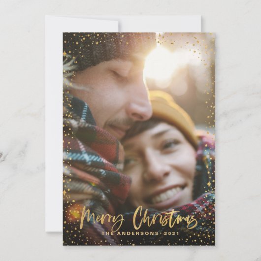 Cartes Pour Fêtes Annuelles Gold script Noël étoiles 1 photo verte (Devant)