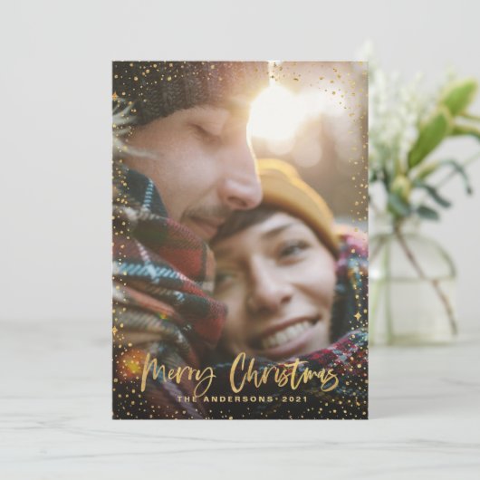 Cartes Pour Fêtes Annuelles Gold script Noël étoiles 1 photo verte (Debout devant)