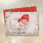 Cartes Pour Fêtes Annuelles Gold Snowflakes Christmas Photo Birth Announcement<br><div class="desc">Gold snowflakes border your baby's photo on these Christmas holiday birth announcements that also feature Merry Christmas in white,  your family name in chic lettering and your baby's birth info on the back. ***VERTICAL layout done in our store. Select High Definition for best photo quality.</div>