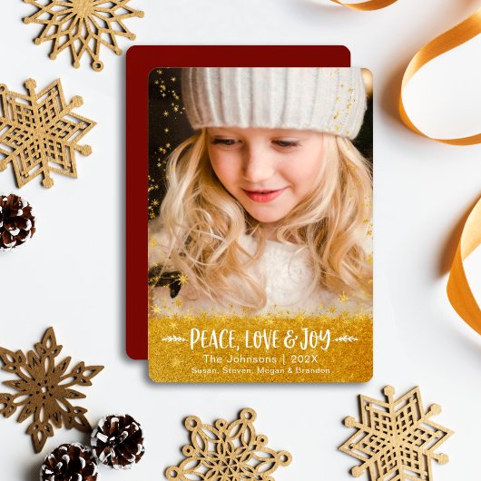 Cartes Pour Fêtes Annuelles Gold Stars Peace Love Joy Modern Script