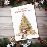 Cartes Pour Fêtes Annuelles Gold Tree Boston Terrier Puppy Christmas Card<br><div class="desc">Sur le devant de cette carte de Noël, un adorable chiot de Boston Terrier porte un casquette de père Noël rouge et blanc alors qu'il est assis devant un arbre de Noël. L'arbre est décoré d'or, et les paquets cadeaux correspondants sont sous lui. Le texte en or et en rouge...</div>