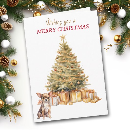 Cartes Pour Fêtes Annuelles Gold Tree Chihuahua Puppy Dog Christmas Card