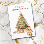 Cartes Pour Fêtes Annuelles Gold Tree Golden Retriever Puppy Christmas Card<br><div class="desc">Sur le devant de cette carte de Noël, un adorable chiot Golden Retriever porte un chapeau de Père Noël rouge et blanc et s'assoit devant un arbre de Noël. L'arbre est décoré d'or, et les paquets cadeaux correspondants sont sous lui. Le texte en or et en rouge dit "Je vous...</div>