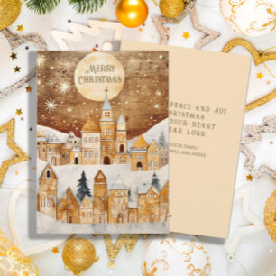 Cartes Pour Fêtes Annuelles Gold Vintage Neige Couvert Village Joyeux Noël