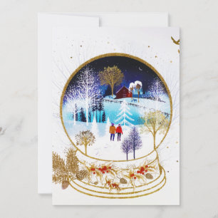 Cartes Pour Fêtes Annuelles Gold Winter Eve Couple Snowglobe Forest Home