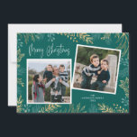 Cartes Pour Fêtes Annuelles Gold Winter Green sur Turquoise 2 Photo Noël<br><div class="desc">Une belle carte de Noël dorée et turquoise sombre avec deux photos carrés sur le devant. Le design offre une belle verdure hivernale en or et turquoise comme la frontière. Ajoutez votre propre message personnel au dos.</div>