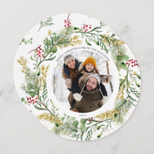 Cartes Pour Fêtes Annuelles Gold Winter Green Wreath Round Photo Holiday